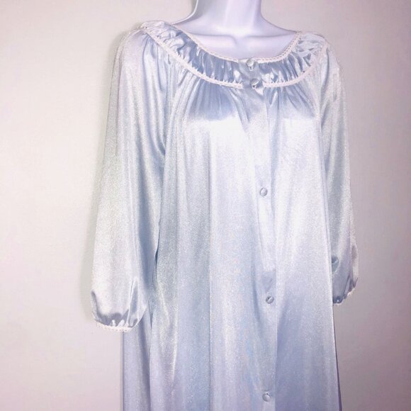 Vintage Lorraine Womens Robe M Blue 3/4 Sleeve Front Button Nylon - Picture 2 of 8